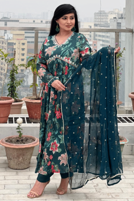 Beautiful pure chinon alia cut 3pc set on a bold floral print-SK0023