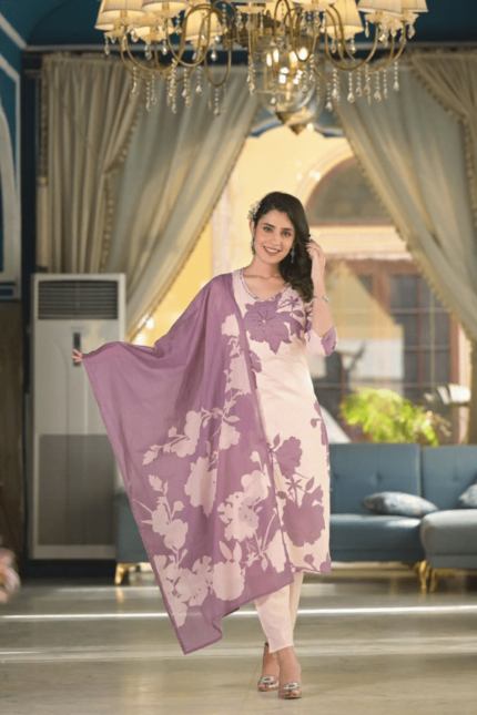  LAVENDER COLOR PURE PREMIUM DIGITAL PRINTED COTTON DRESS- SK0058