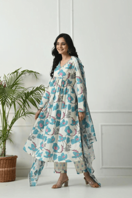 BLUE COLOR PURE PREMIUM COTTON DESIGNER PRINTED AALIYA CUT ANARKALI -SK0060