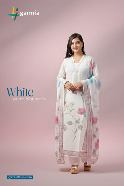 Pearl White Soft Organza Salwar Suit SK0105 with digital print, lace work, and santoon bottom.