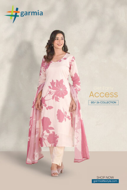 Garmia Pink Digital Printed Cotton Salwar Kameez Suit SK0057 with front handwork and floral patterns.