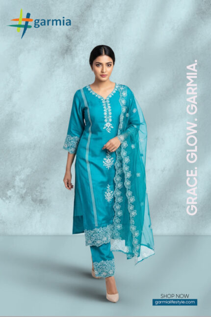 Sea Green Roman Silk Salwar Suit SK0106 with intricate all-over embroidery and organza dupatta.